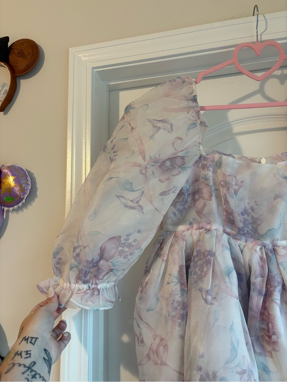 Selkie Floral Puff-Sleeve Mini Dress in Pastel Lavender and Blush